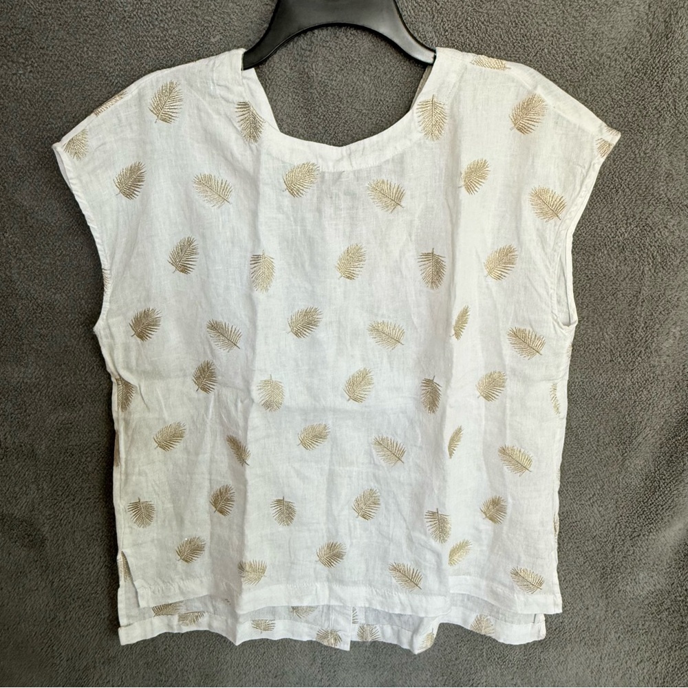 Cynthia Rowley White Linen Top with Gold Leaf Motif Embroidery
